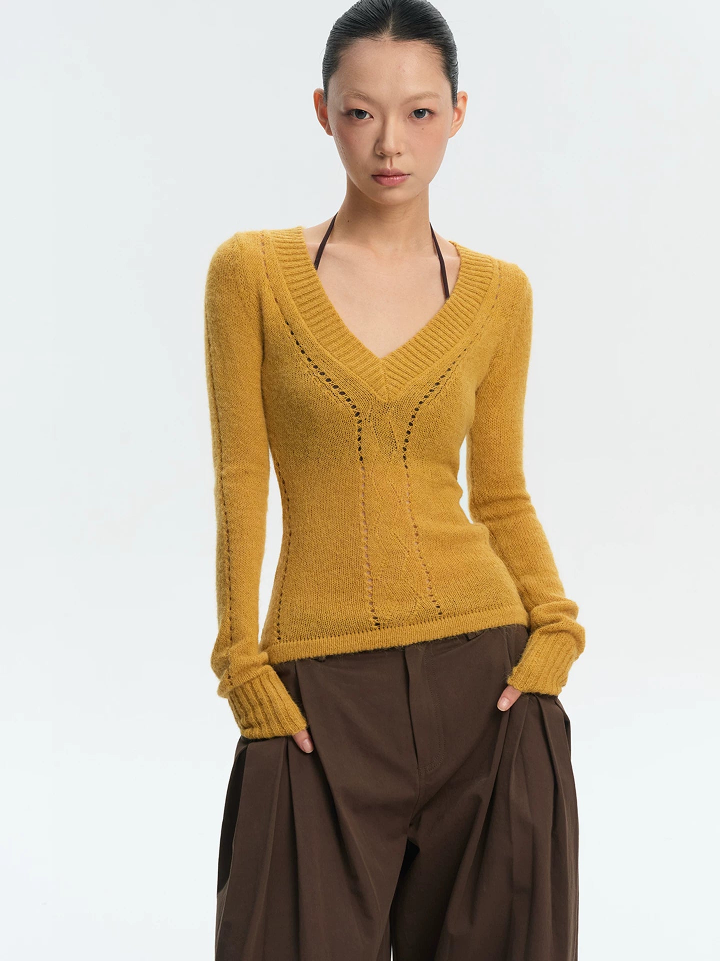 LINY LIBERTY Slim Fit V-neck Hollow Long Sleeve
