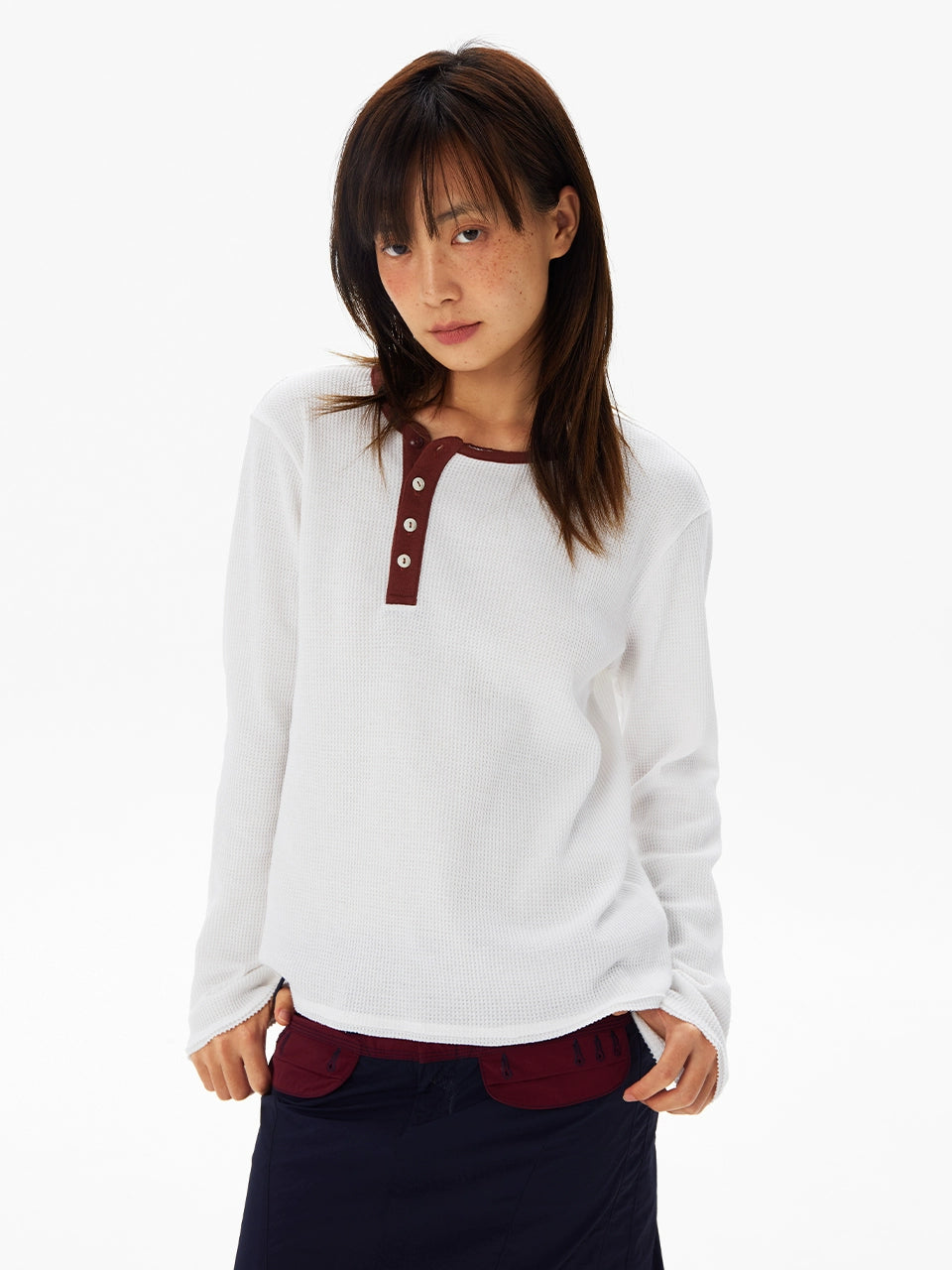 CryingCenter Waffle Diagonal Placket Two-color Button Round Neck Long Sleeve