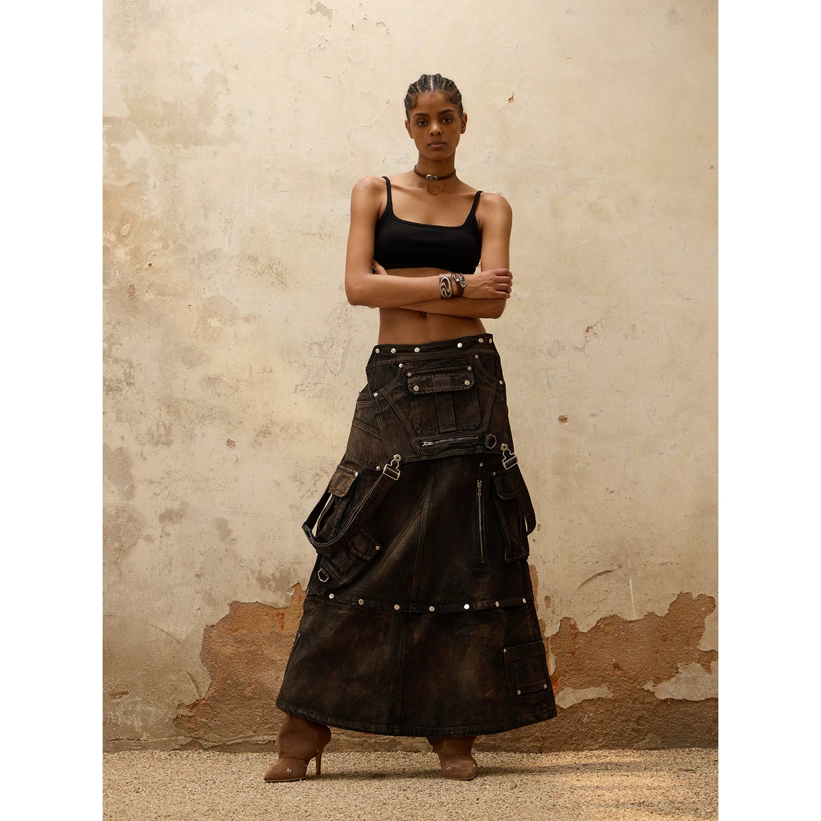 PERSONSOUL Vintage Denim Strap Skirt