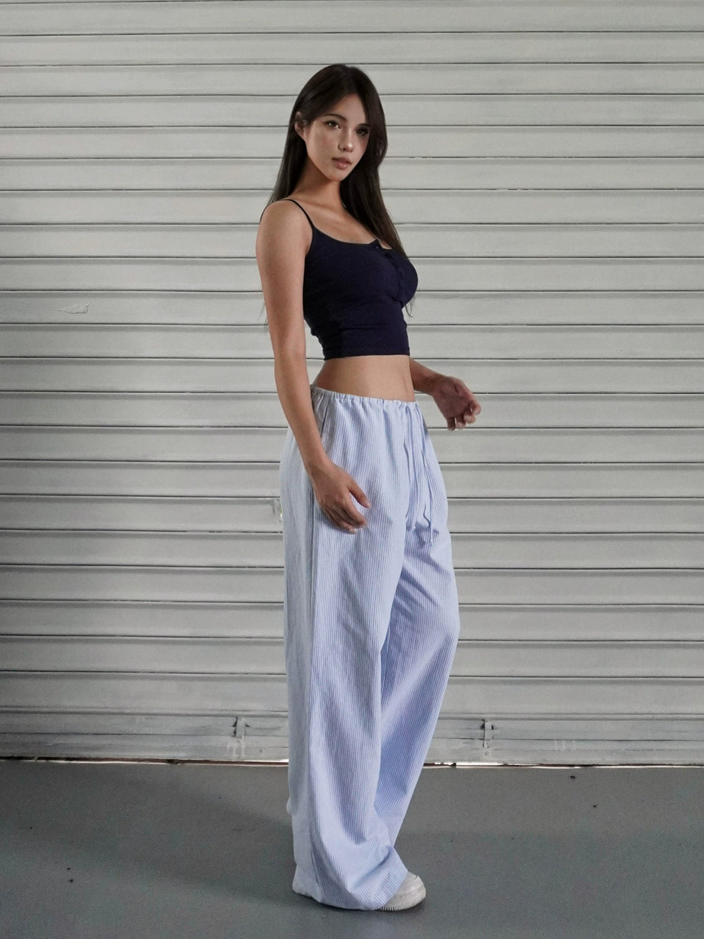 Jim Kennet Blue and White Striped Wide Leg Drawstring Pants