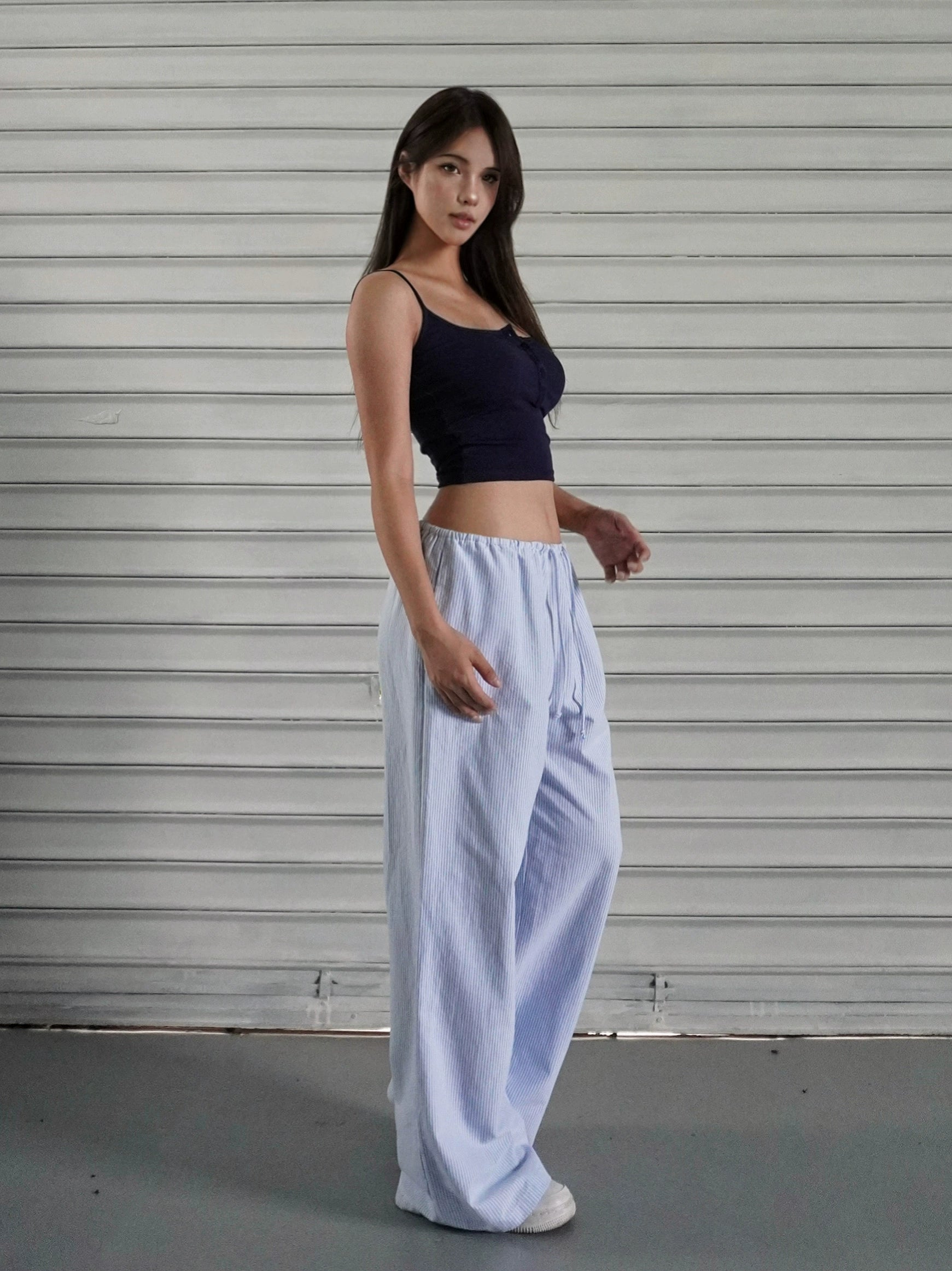 Jim Kennet Blue and White Striped Wide Leg Drawstring Pants
