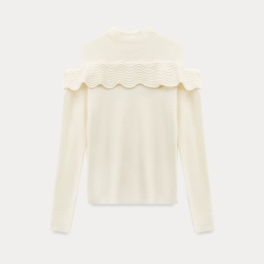 EGGKA Semi-turtleneck Wavy Edge Off-the-shoulder Long-sleeved Knitted Sweater