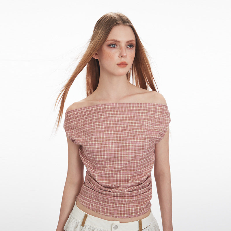 Nariele One-word Collar Short Plaid Vest