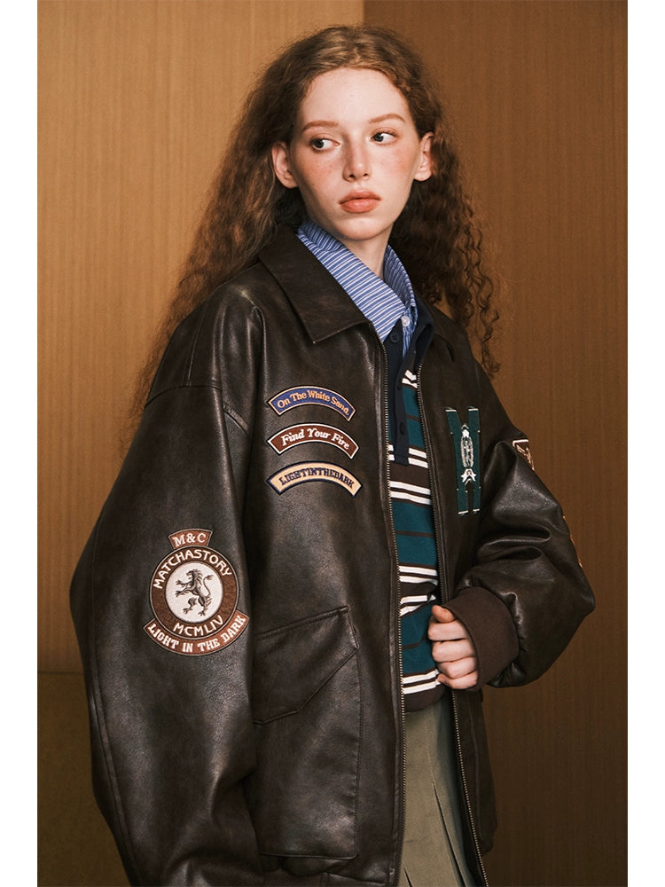 MATCHA STORY Badge Embroidered Lapel Leather Jacket