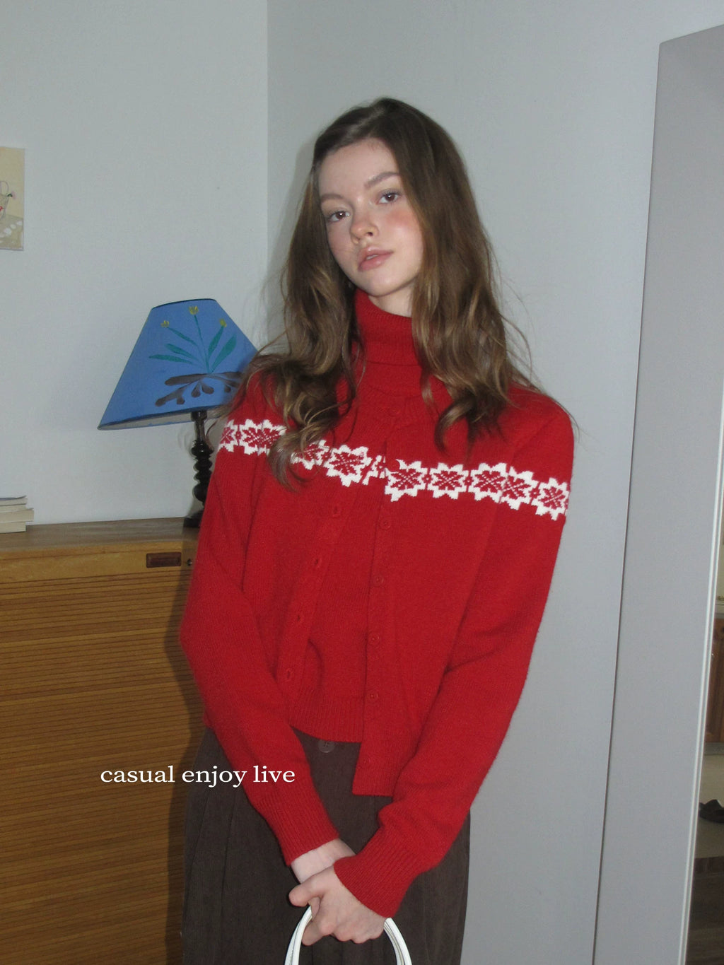 EGGKA crew neck jacquard cardigan + turtleneck short-sleeved knitted sweater