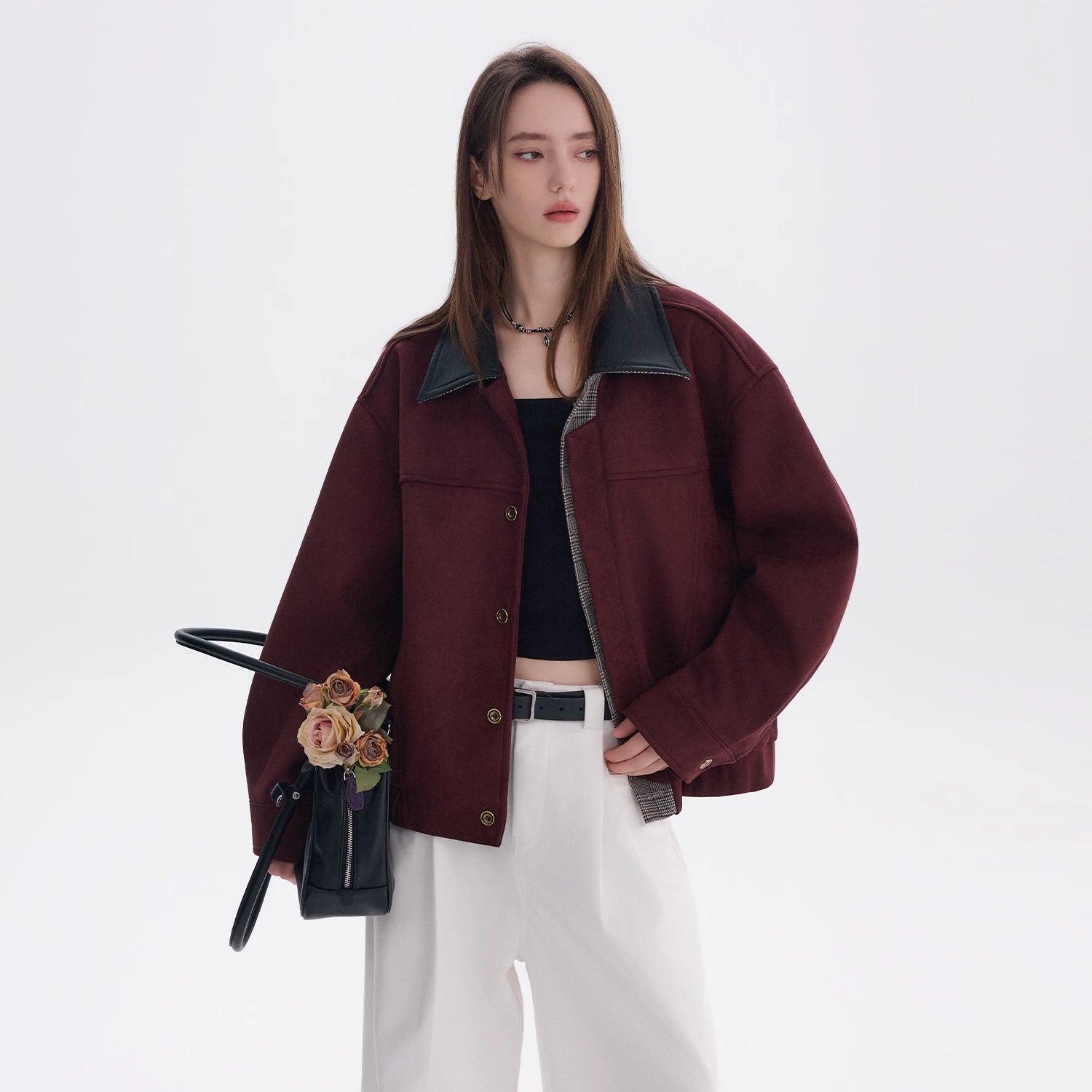 CHOR Color Matching Leather Collar Suede Lapel Jacket