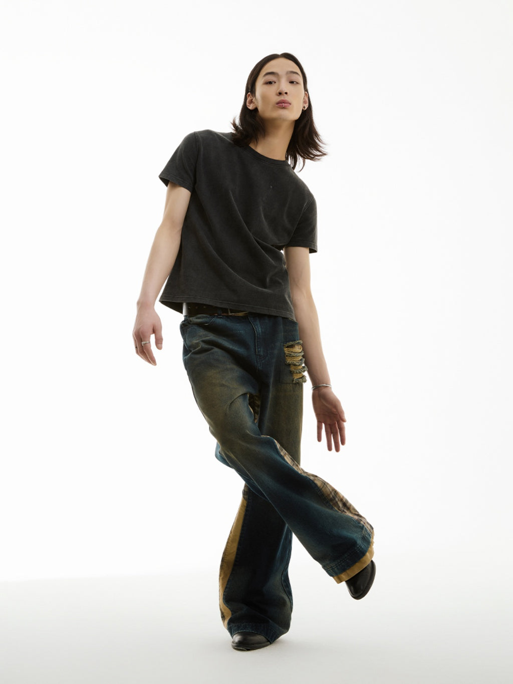 FUNKYFUN Washing Water Ripped Splicing Plaid Retro Jeans