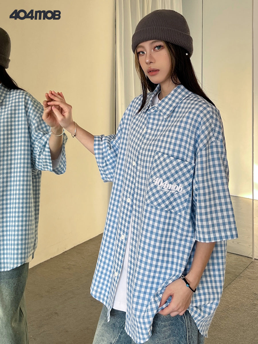 404MOB Lazy College Style Embroidered Short Sleeve Shirt