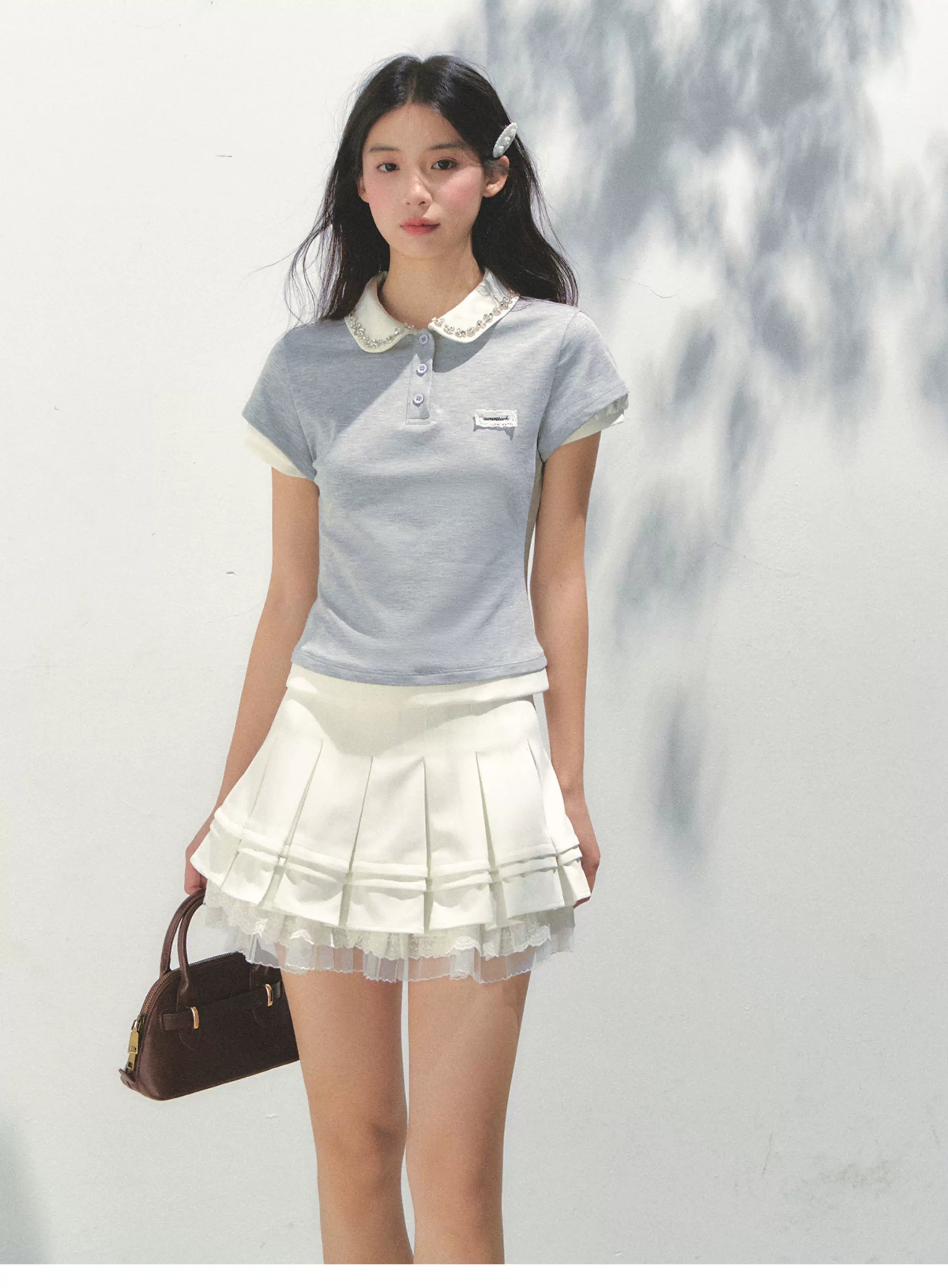 SunsetPark Splicing Fake Two-piece Polo Rhinestone Collar Tee