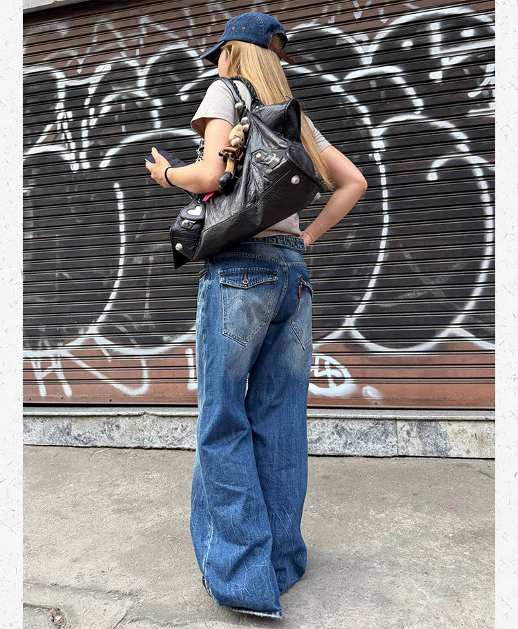 CCYE Straight Tube Medium and Low Waist Worn Old Jeans