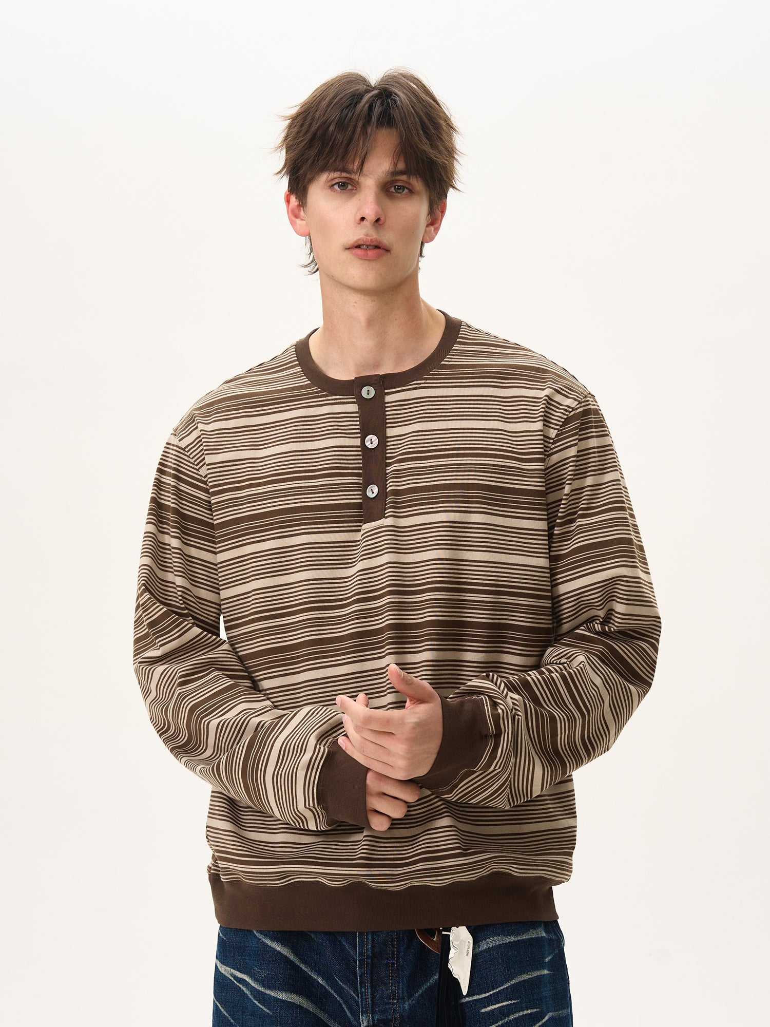BTSG Premium Henry Neck Striped Long Sleeve Tee