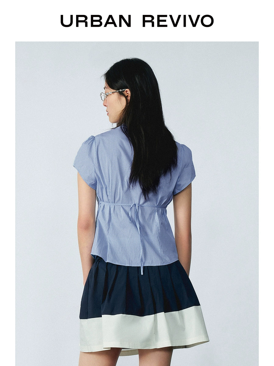 URBAN REVIVO Casual Contrast Checked Lace-Up Open Shirt