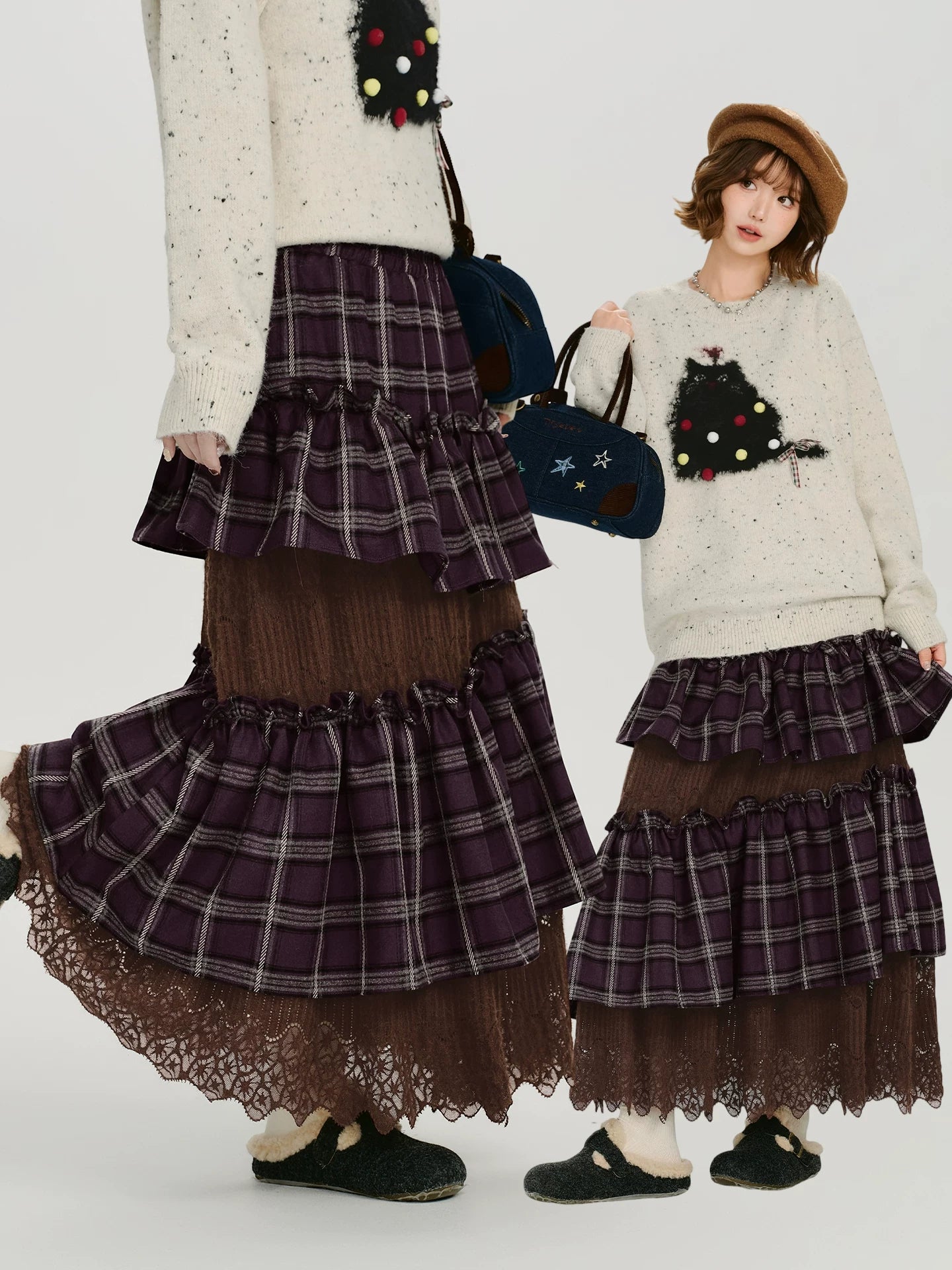 Girlyhalo Vintage Plaid Lace Patchwork Skirt