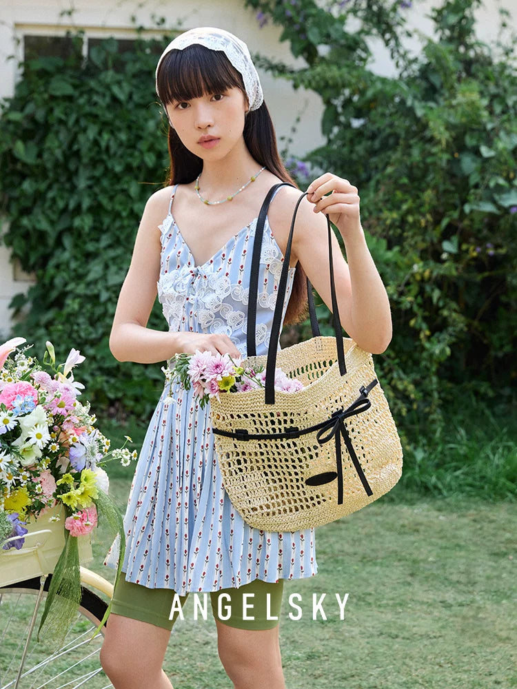 ANGELSKY Woven Hollow Mesh Pocket Tote Bag