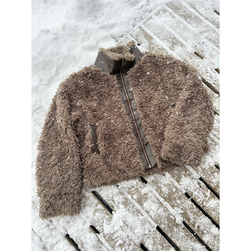 Eme Retro Fuzzy Trimmed Leather Warm Stand Collar Jacket