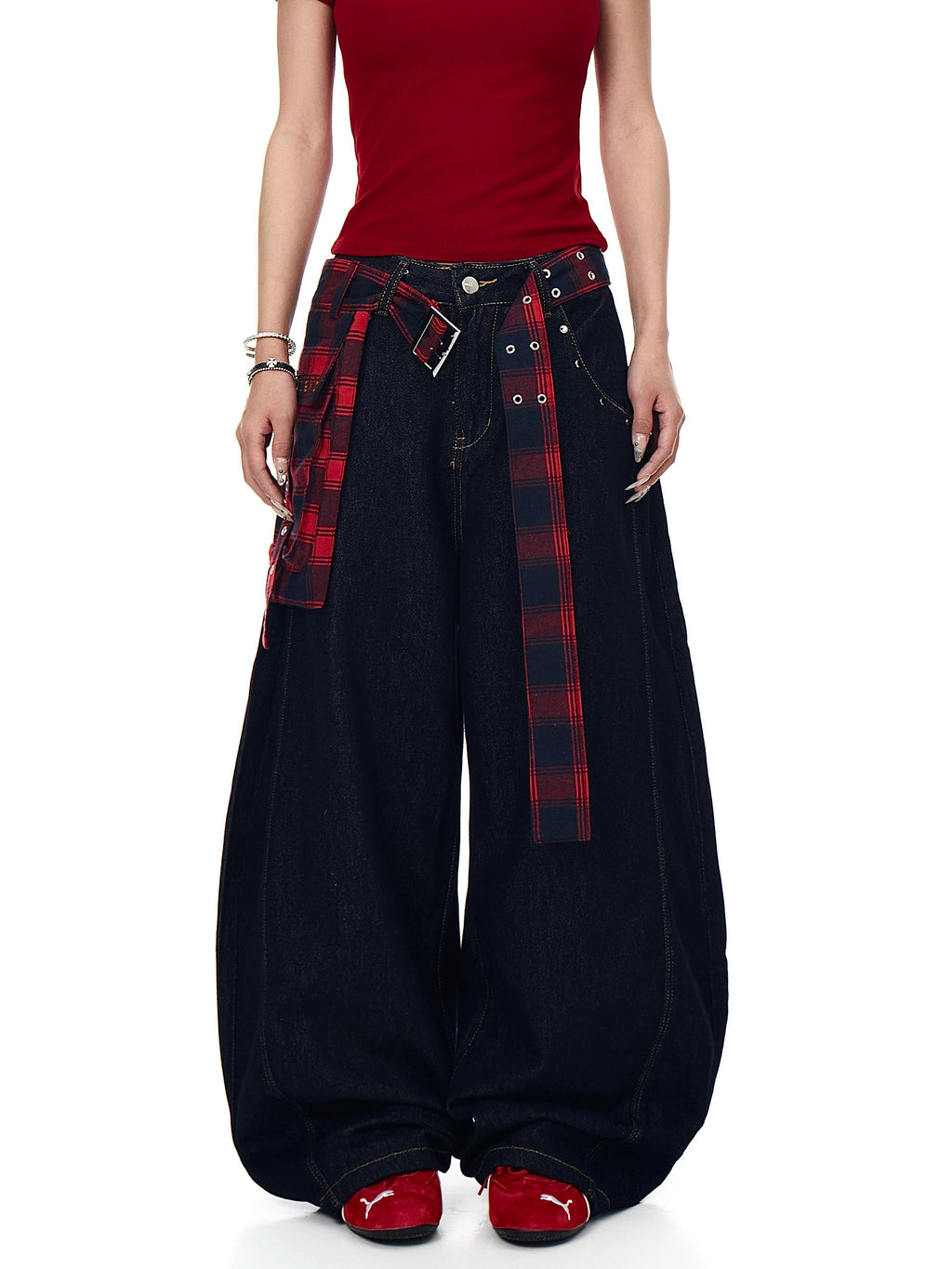 BLACKLISTS Plaid Skirt Waist Seal Fart Curtain Scimitar Jeans