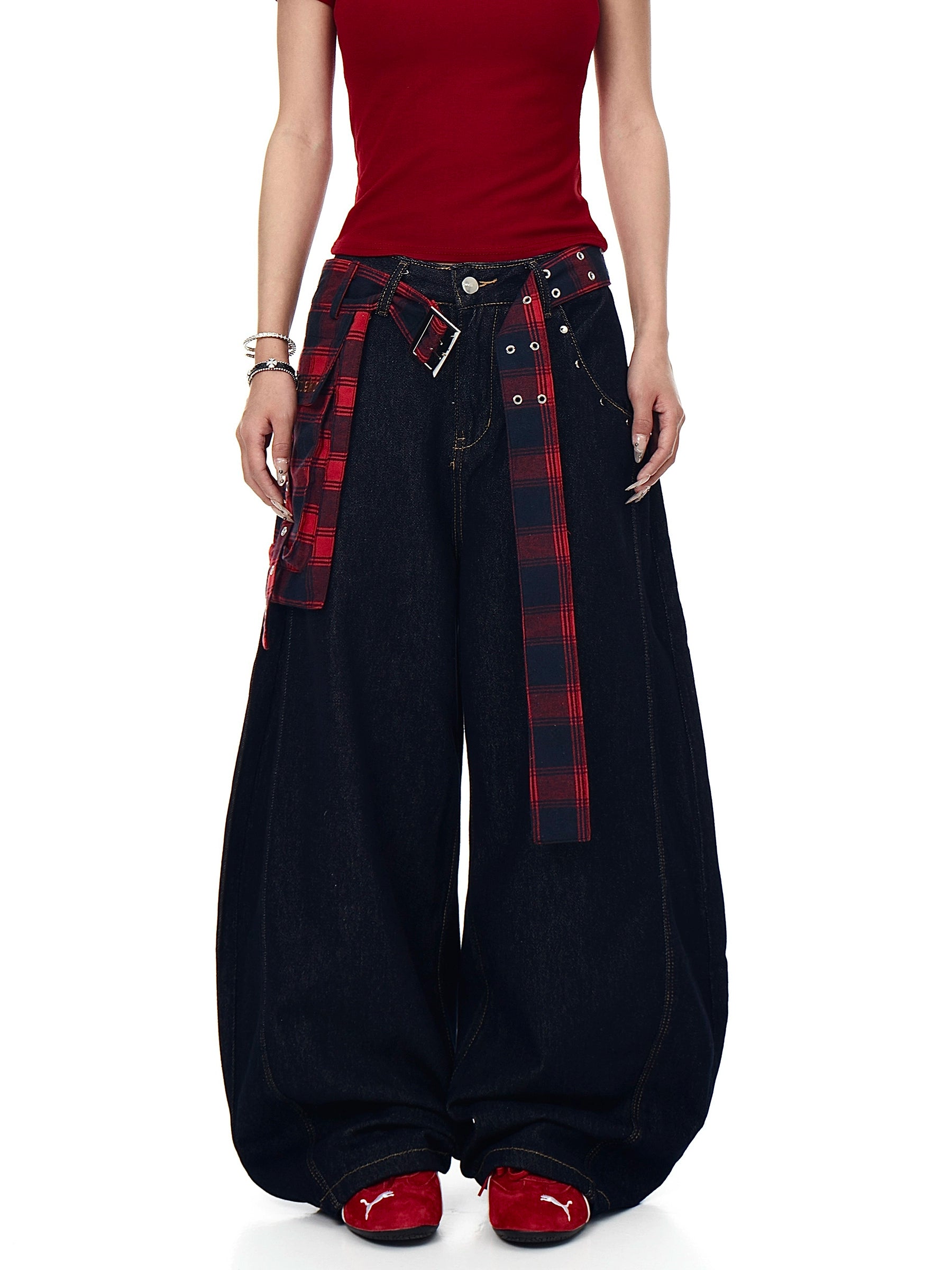 BLACKLISTS Plaid Skirt Waist Seal Fart Curtain Scimitar Jeans