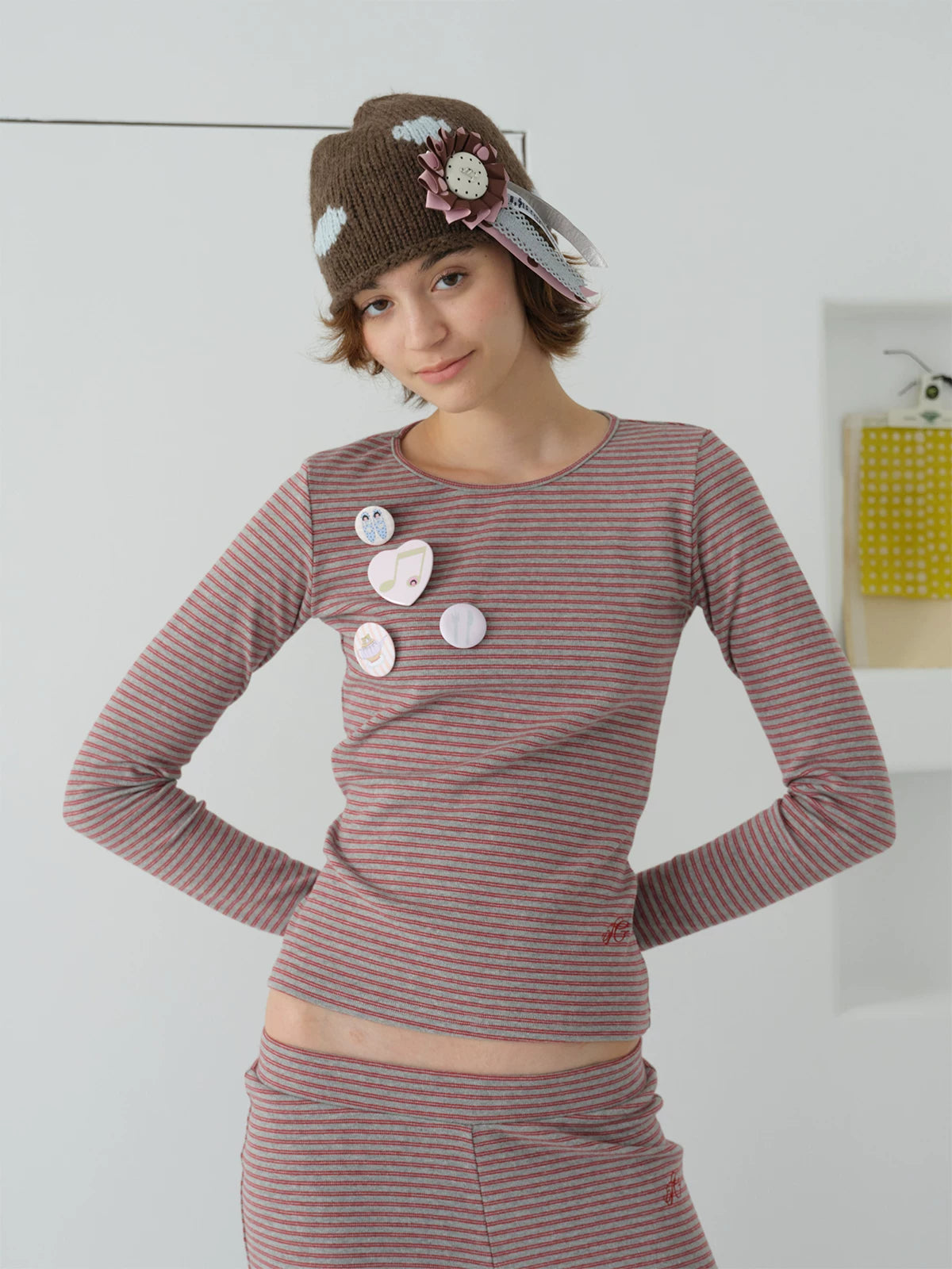 InsGale Vintage Stripe Embroidered Long Sleeve Home Suit