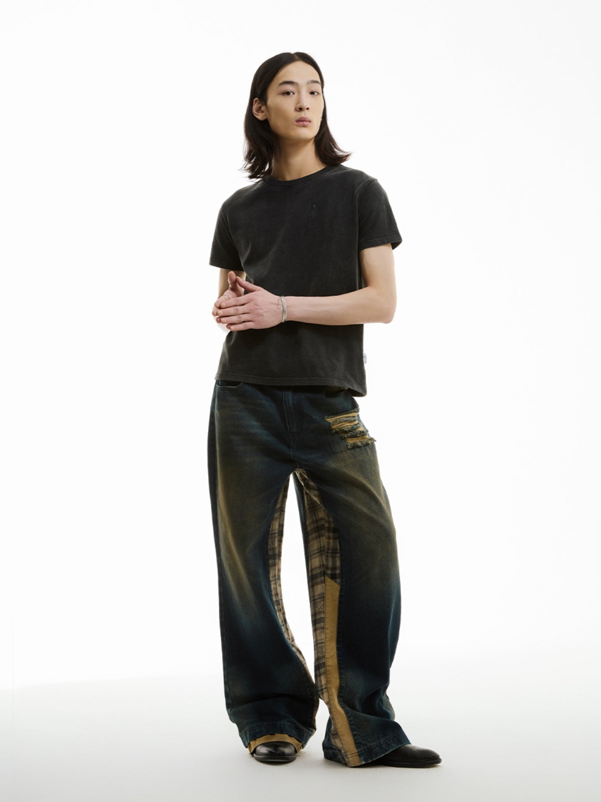 FUNKYFUN Washing Water Ripped Splicing Plaid Retro Jeans