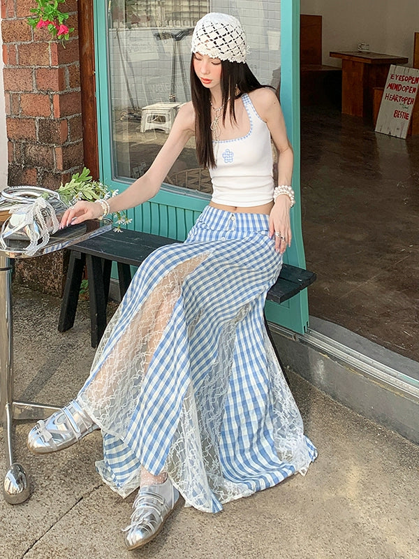 KPSR Plaid Lace Stitching A-word Vertical Skirt