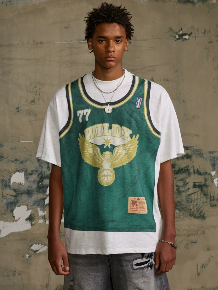 WildX Fake Two-piece Kangli Printed Retro Jersey Tee