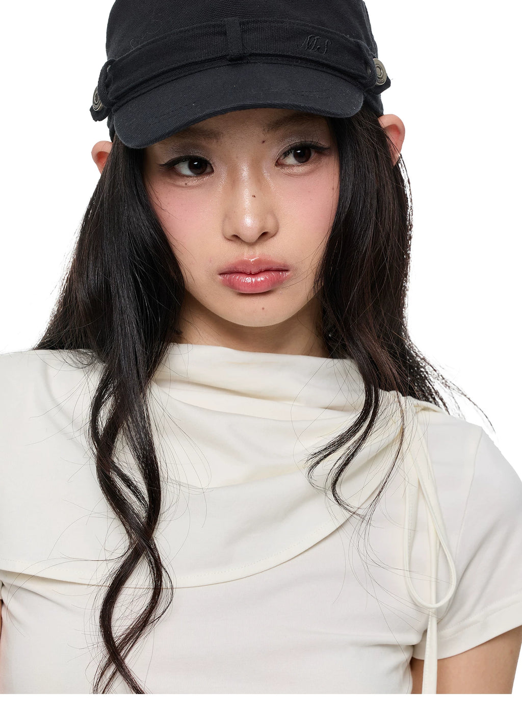 JIKOO Knot Vertical Pleated Shoulder Collar Casual Tee