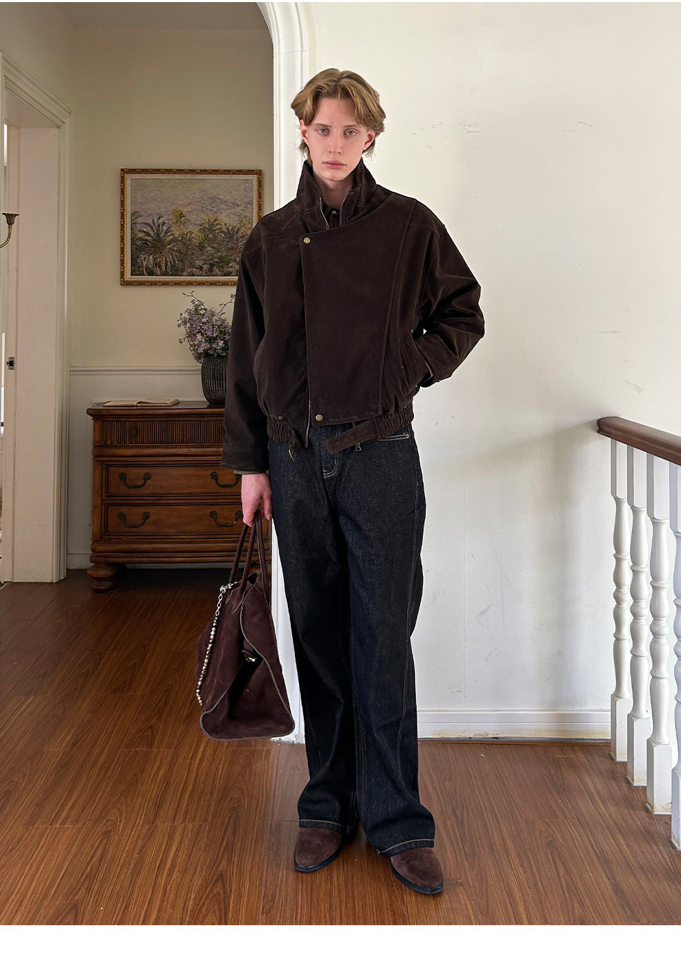 EME Vintage Stand-Up Collar Loose Zipper Short Wide Jacket