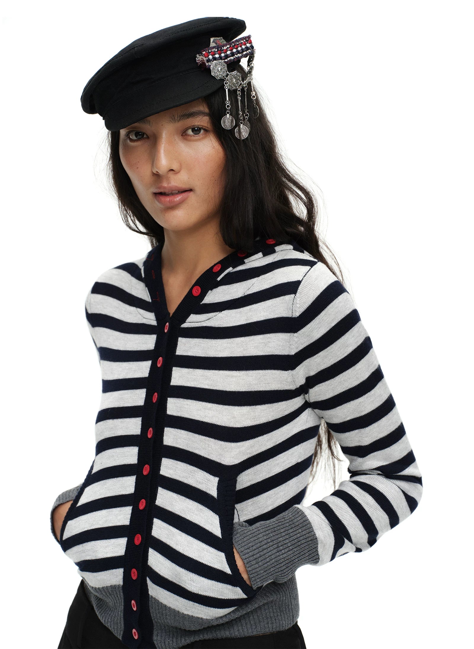 Oinimi Striped Color-blocked Hooded Knit Cardigan
