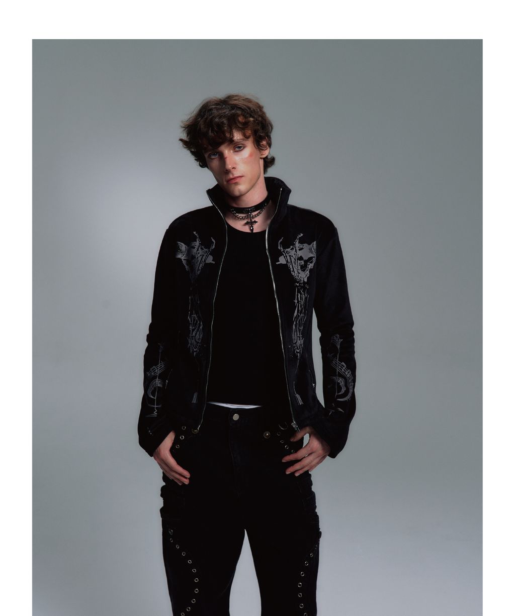 PAIKI Skull Singer Music Notes Stand-up Collar Velvet Jacket