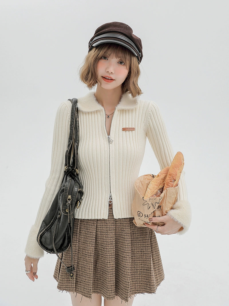 Girlyhalo Slim-fit Lapel Zip-up Sweater