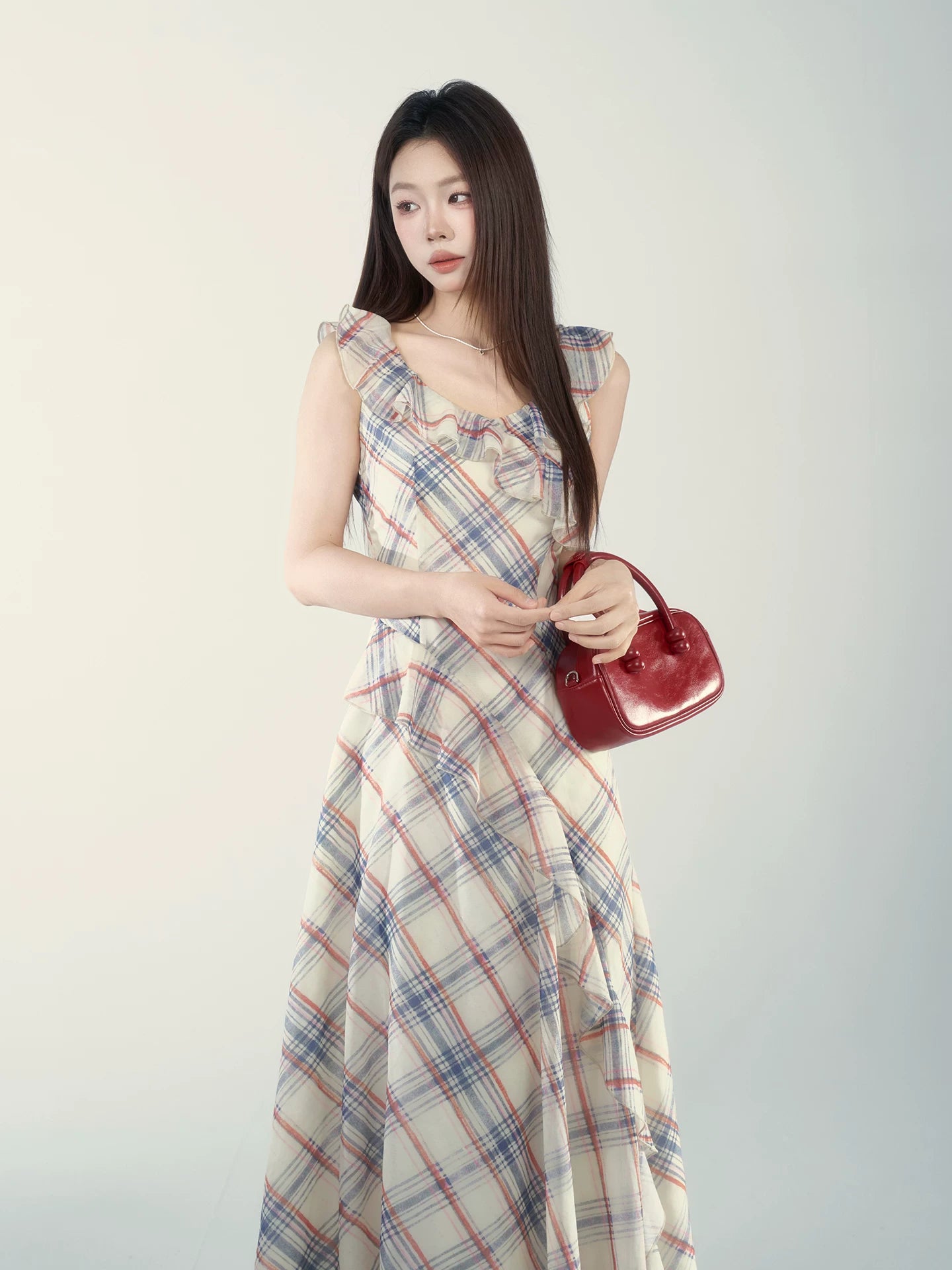 Wildberry V Neck Plaid Waist Dress