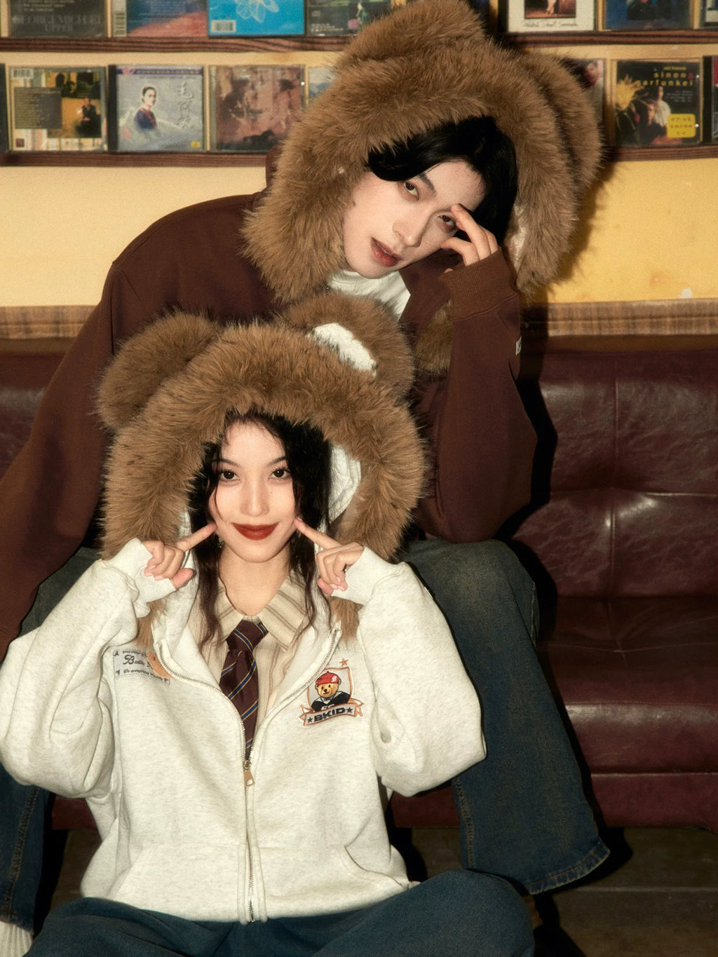 ALOHA Removable Fur Collar Bear-eared Hooded Fleece Sweater