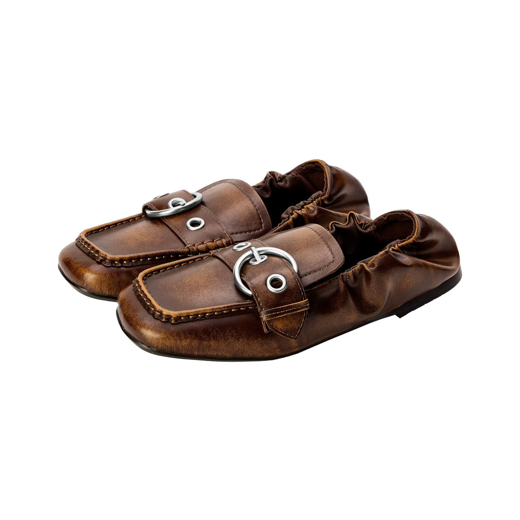ECODAY Retro Square Head Flat-soled Leather Shoes