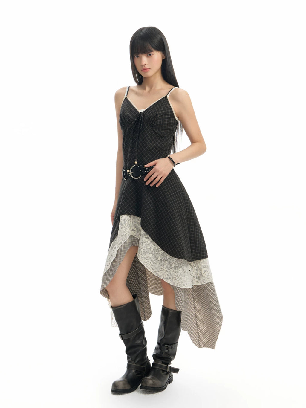 TGNS Checked Lace Stitching Dress