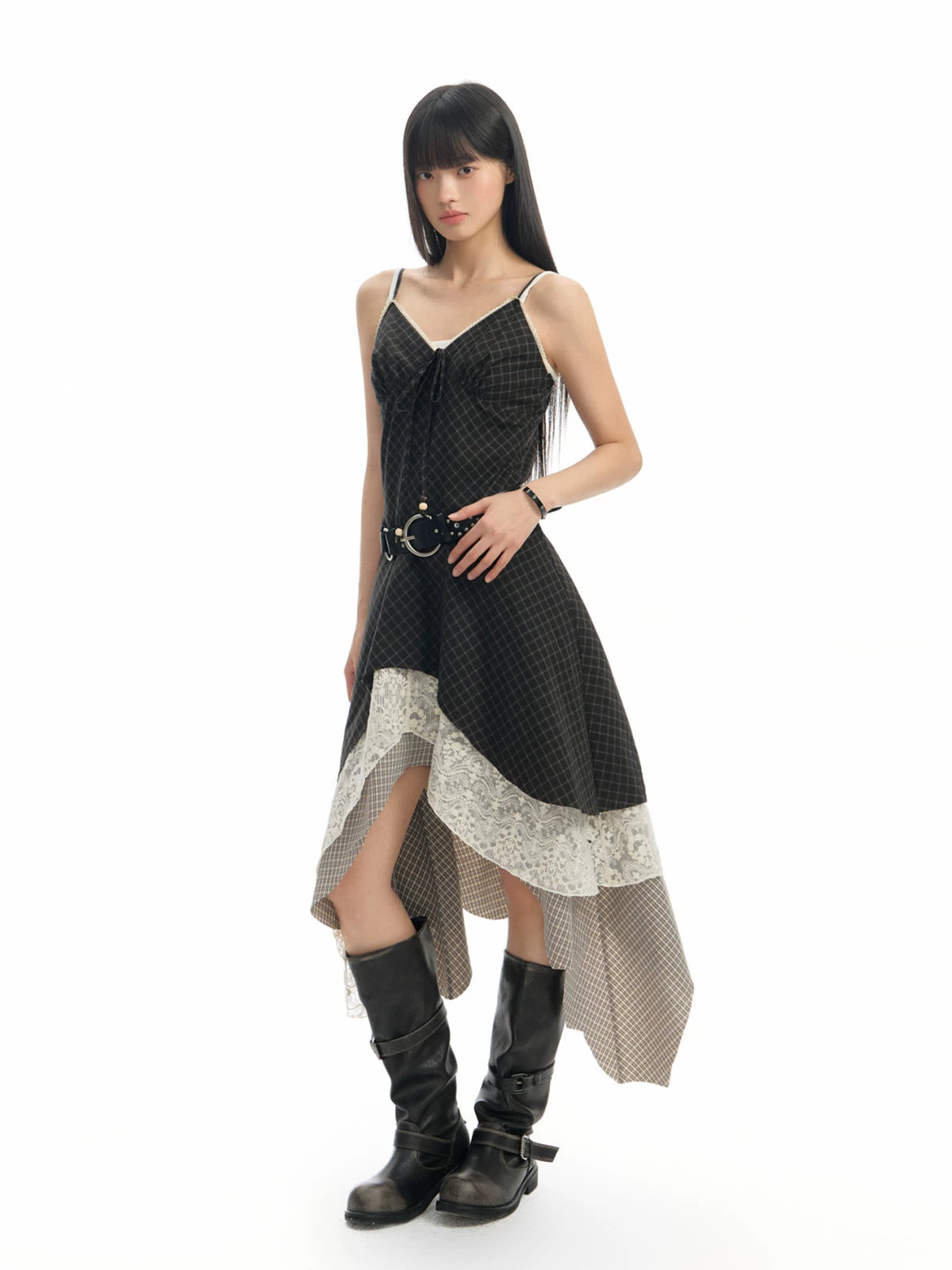 TGNS Checked Lace Stitching Dress