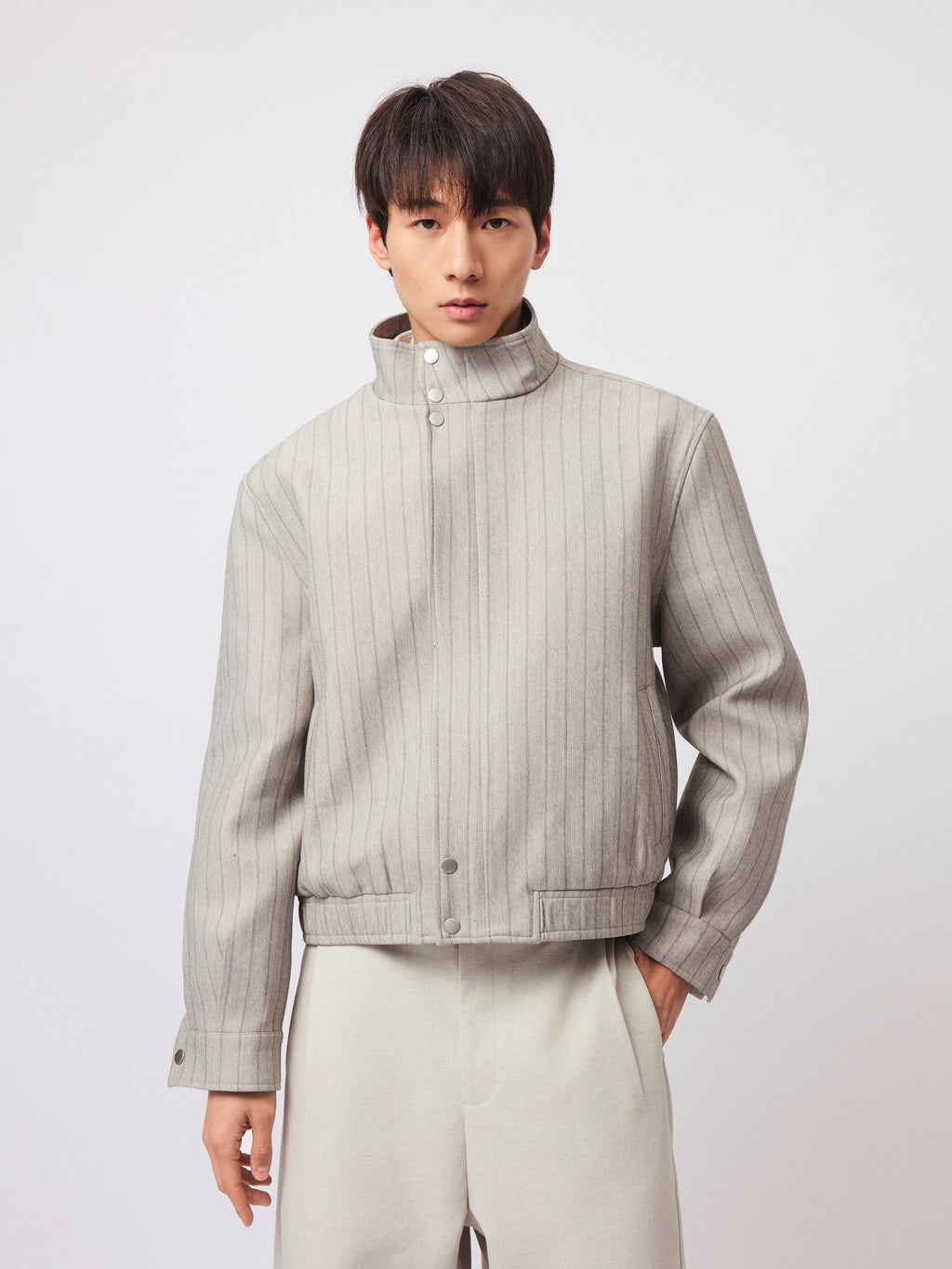 Stay the Night Vintage Striped Shoulder Fit Harrington Stand-Up Jacket