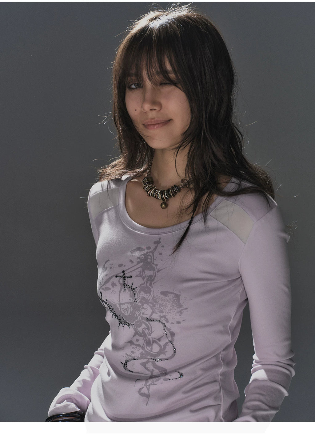 WearAndtear Mesh Stitching Round Neck Flash Diamond Slim Long Sleeve