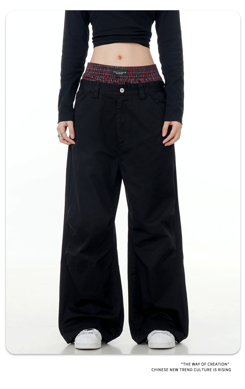 11KN Plaid Splicing Casual Straight-leg Pants