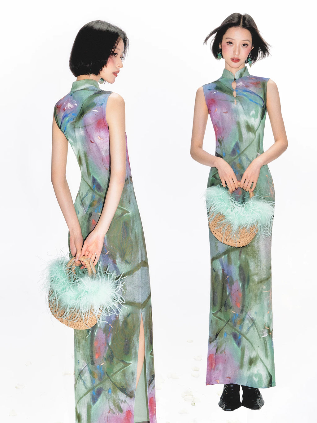 YEDM Hollow Cheongsam Print Dress