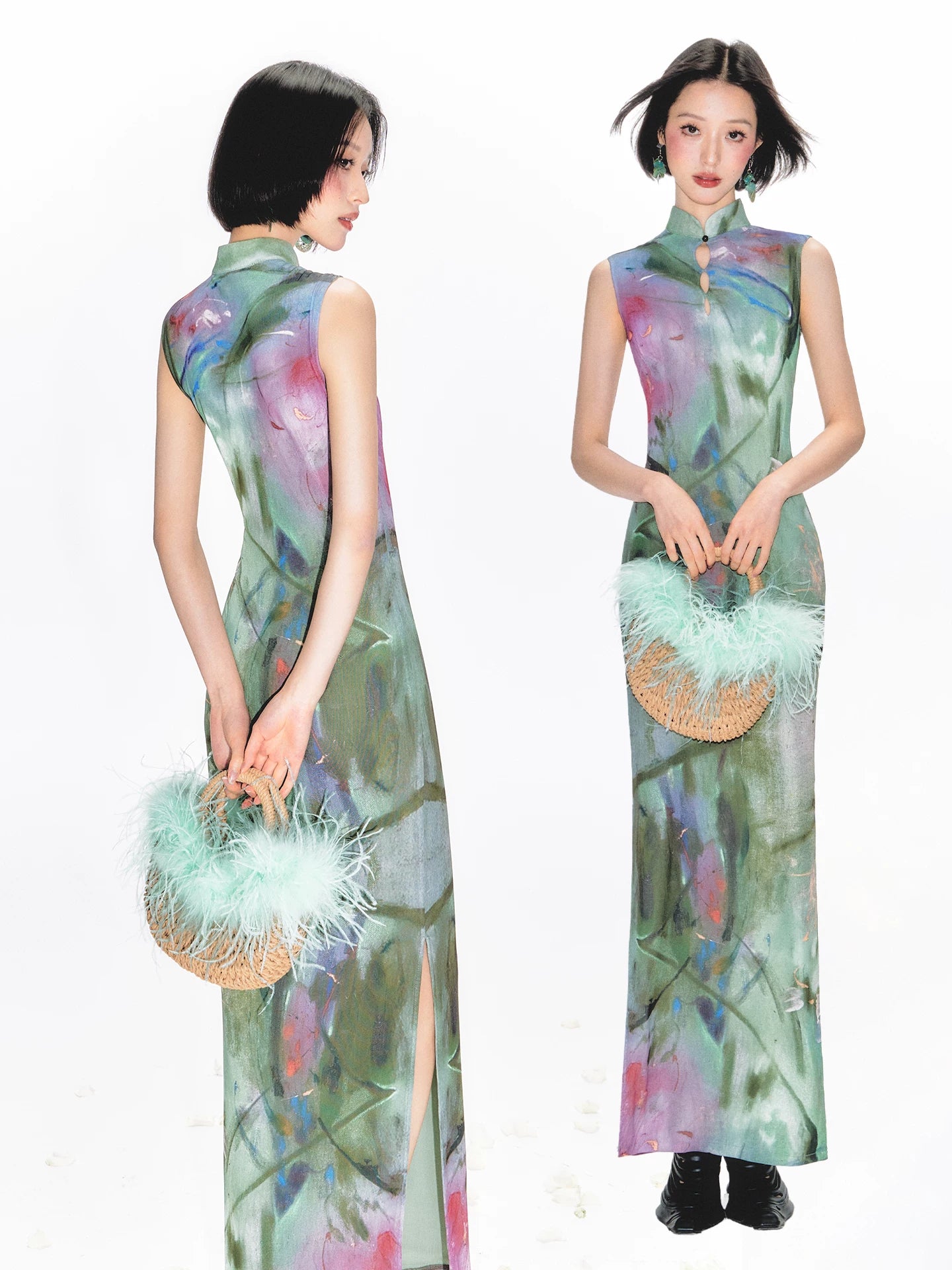 YEDM Hollow Cheongsam Print Dress