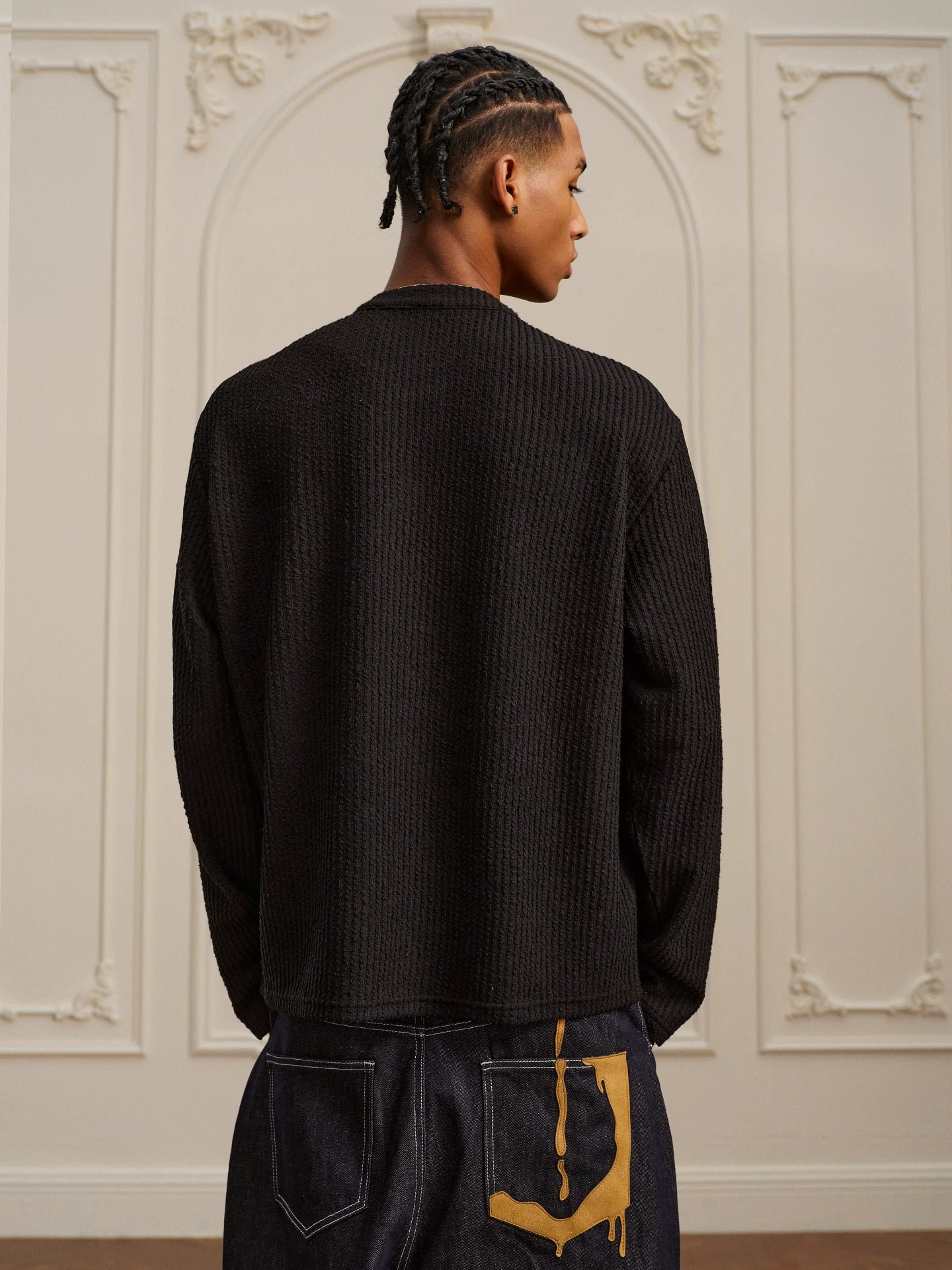 YADcrew Strip Texture Twisted Henry Neck SLong Sleeve Sweater