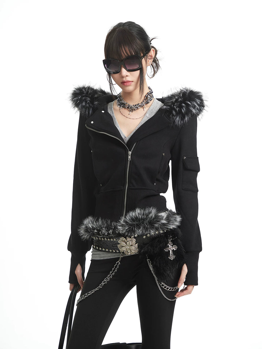 UNCMHISEX Fur Collar Hooded Fleece Slim-fitting Short Jacket