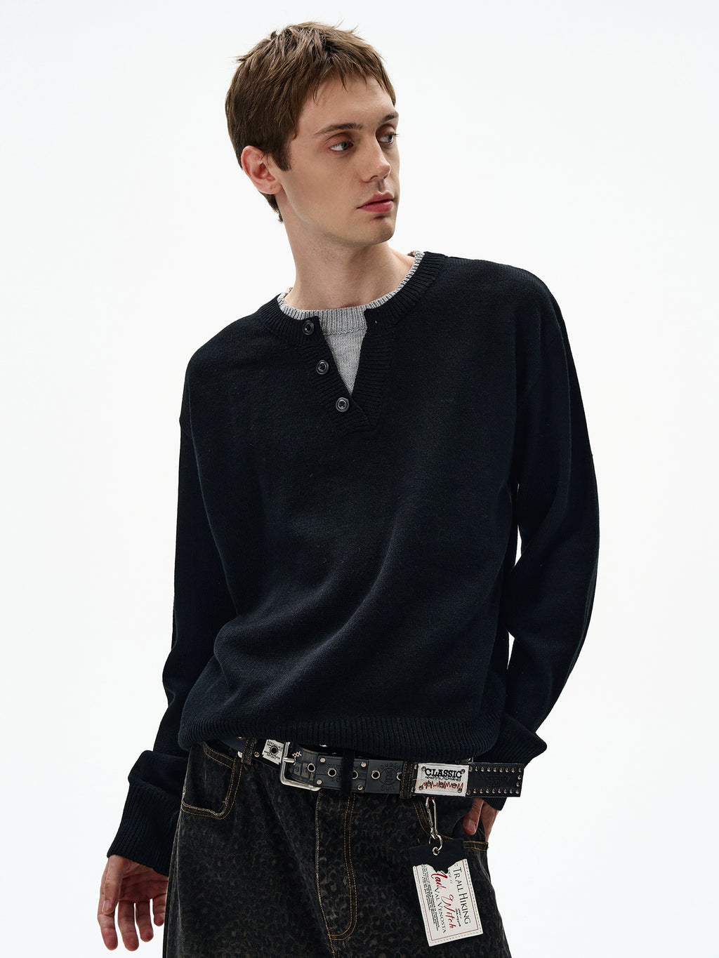 MADWITCH Retro Casual Contrasting Double-neck Knitted Sweater