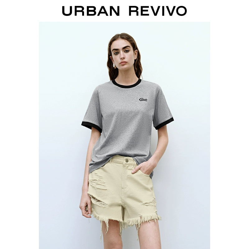 URBAN REVIVO Casual Contrasting Embroidery Cotton Tee