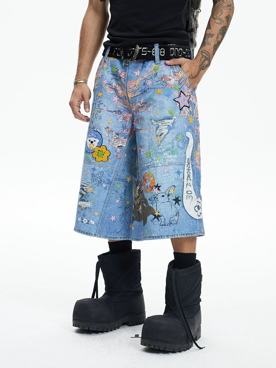 DND4DES Digital Printing Denim Shorts Cartoon Cropped Pants