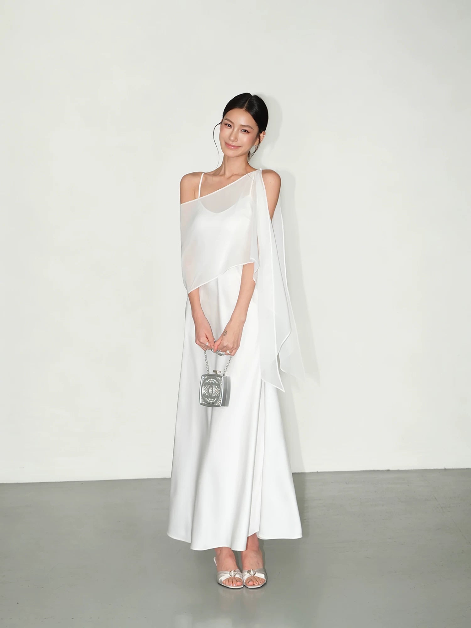 NEVA HU Satin V-neck Shawl Halter Suspender Dress