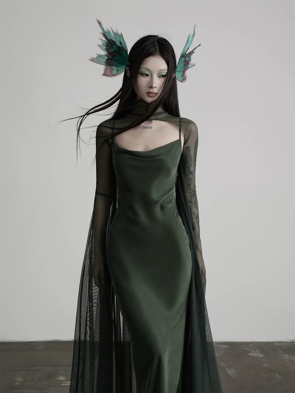 INDULGE Suspender Dress Mesh Shawl Two-piece Set