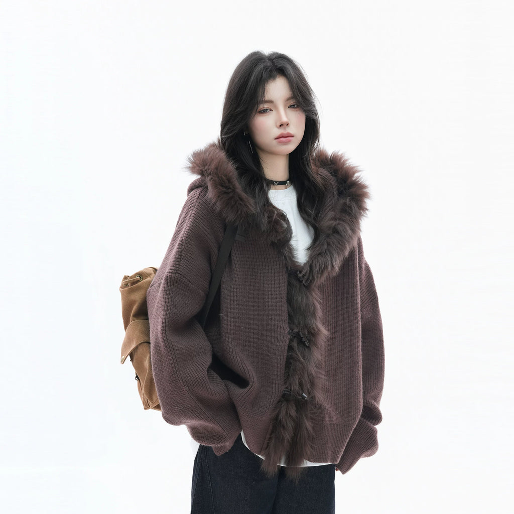 Zuocisankon Retro Big Fur Collar Hooded Knitted Sweater