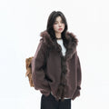 Zuocisankon Retro Big Fur Collar Hooded Knitted Sweater