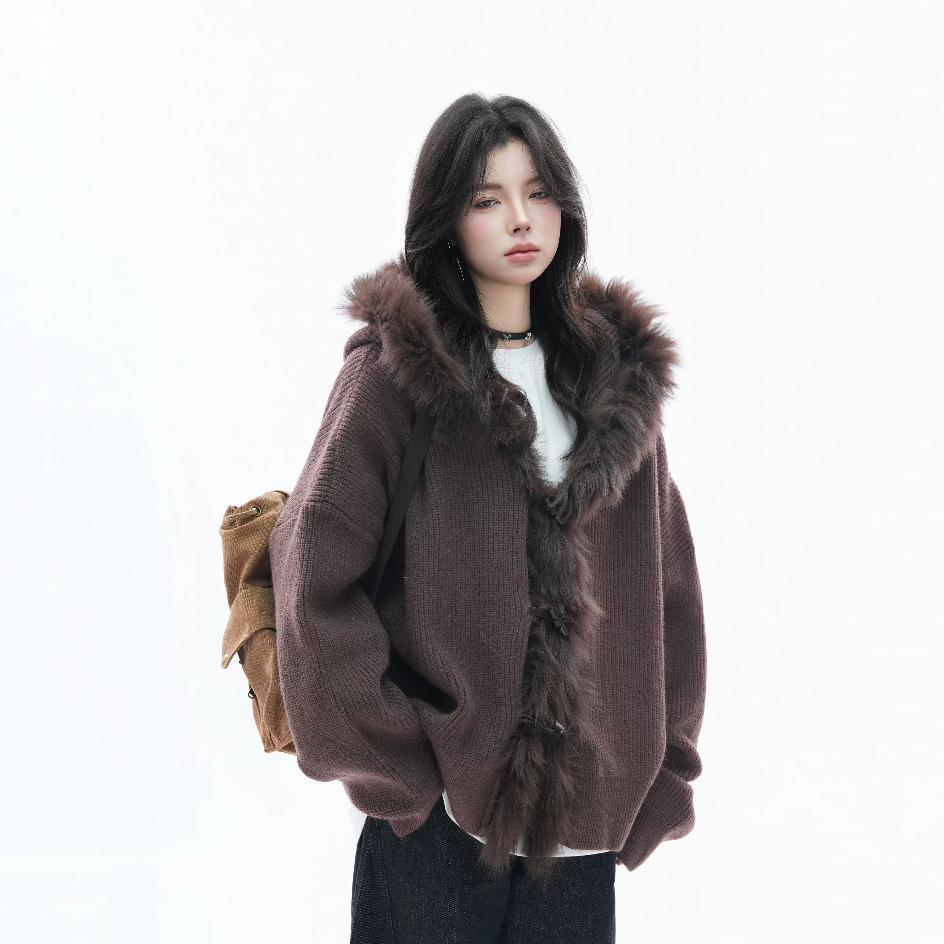 Zuocisankon Retro Big Fur Collar Hooded Knitted Sweater